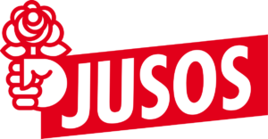hier dteht ein Symbol der Jusos mit Schriftzug, Faust und Rode